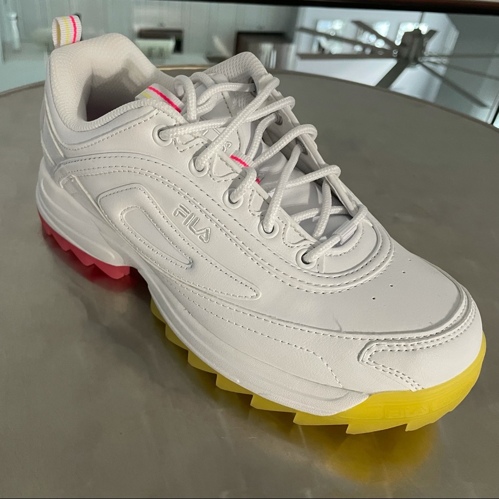 White Fila Disruptor II Sneakers w/ Pink & Yellow